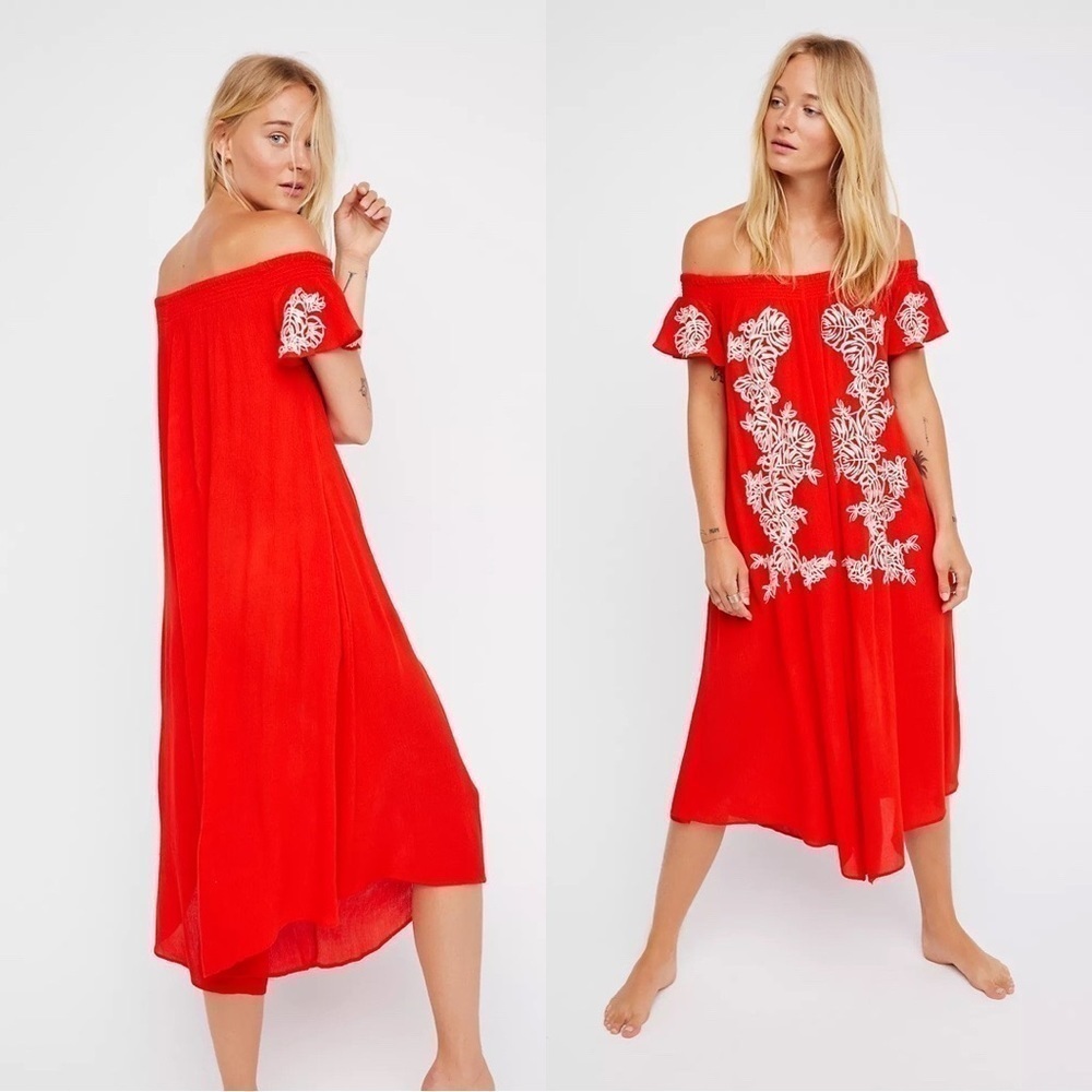 FREE PEOPLE Orange & White Rayon Off Shoulder Elastic Wide Leg Jumpsuit XS